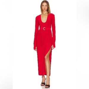 Norma Kamali Deep U Neck Side Slit Long Sleeve Dress in Tiger Red